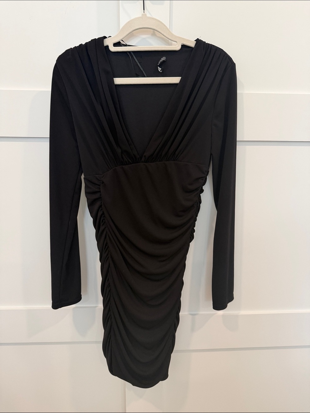 Zara Black Long-Sleeve Ruched V-Neck Dress